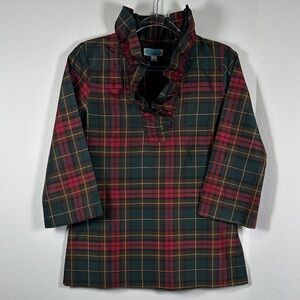 Devon Baer Silk Plaid Tunic Top 3/4 Sleeve Ruffle Neck Preppy Size M